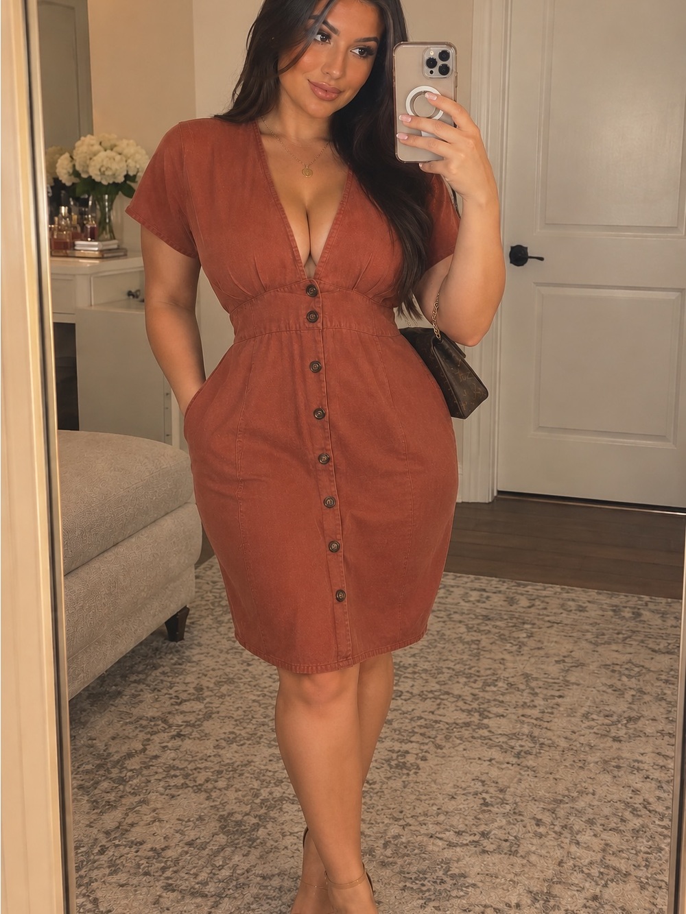 Quince Rust Button-Front V-Neck Midi Dress